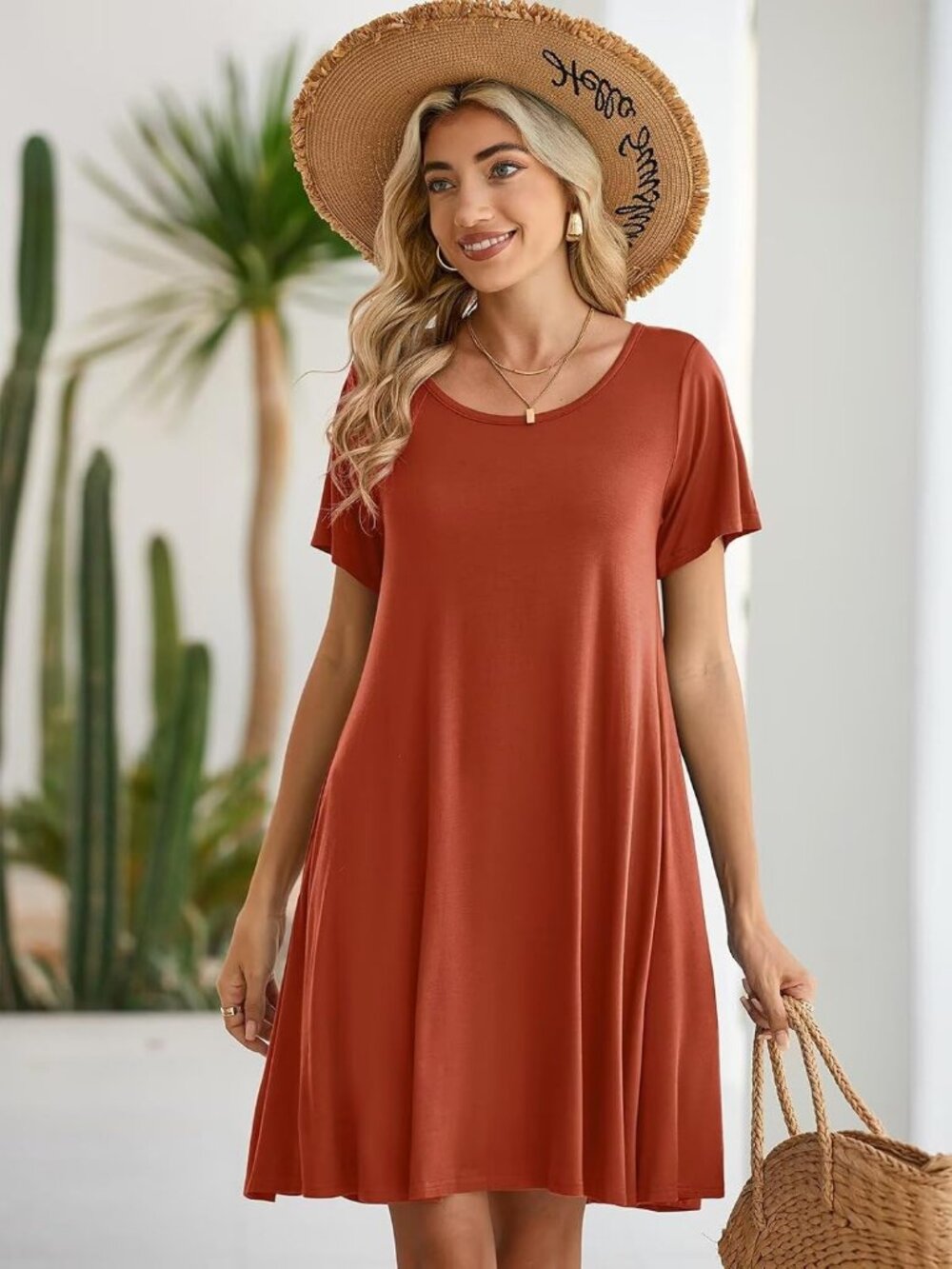 Women's Dark Orange Casual Loose Swing Tunic Short Sleeve Sun Mini Shirt Dress - Picture 5 of 6